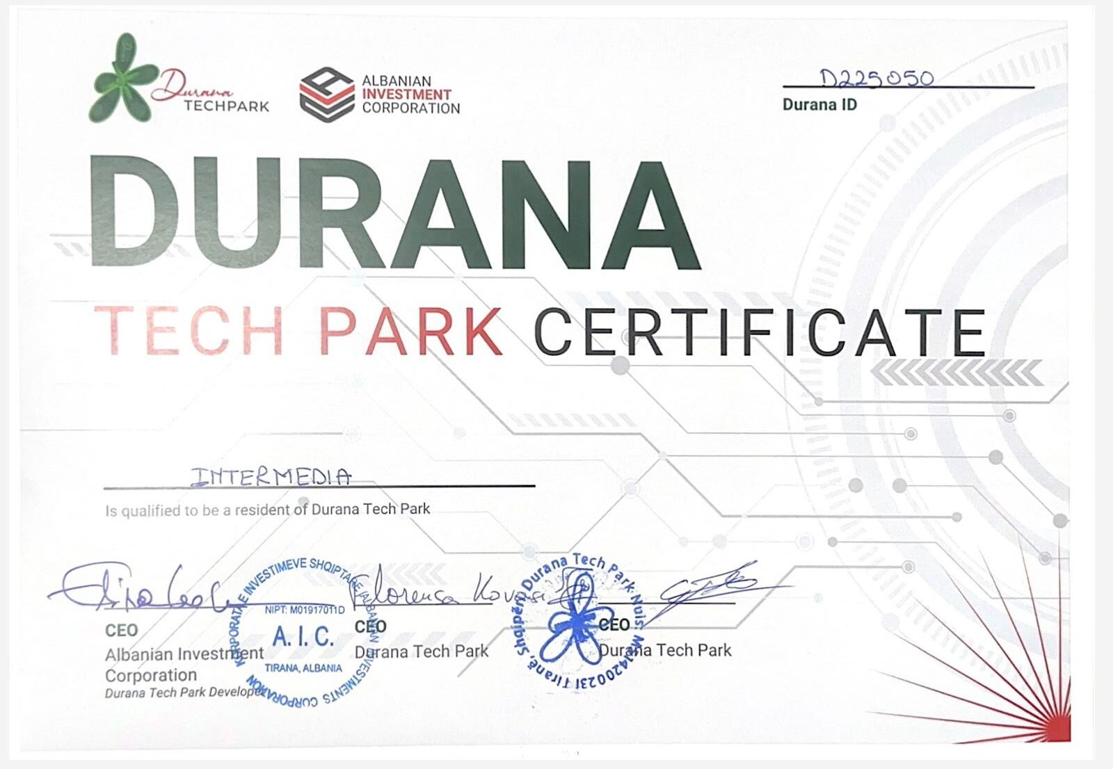 Duara Park Certeficat